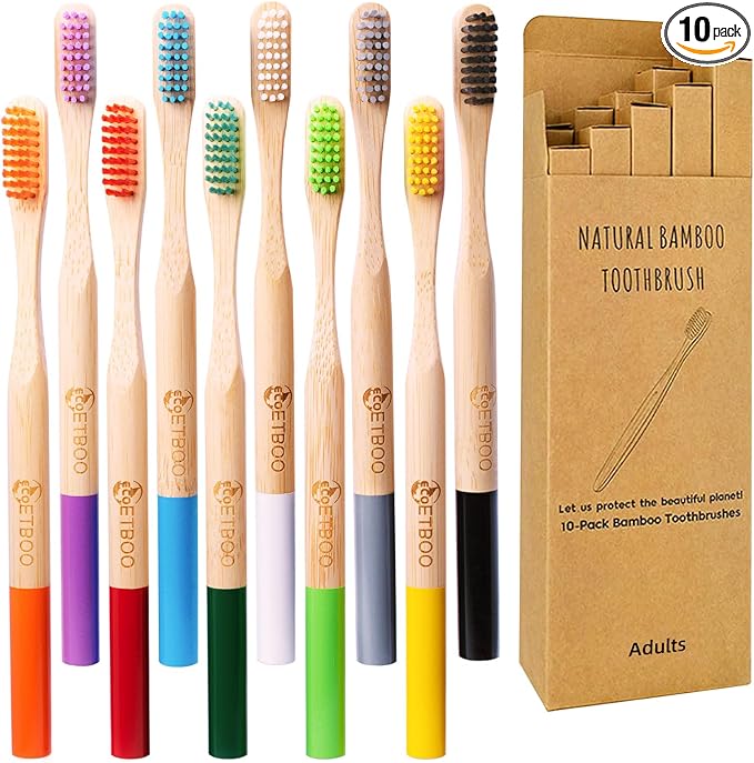 Bamboo Toothbrushes Medium Hard Bristles for Adults 10 Pack, Wooden Toothbrush Family Set Natural Organic Tooth Brush Multi-Color