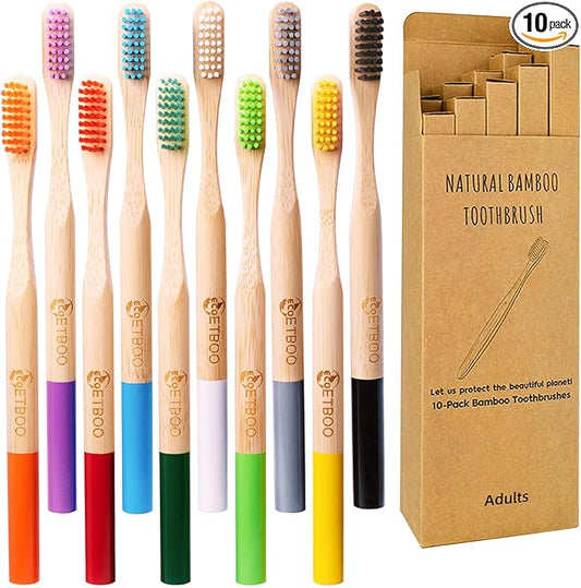Bamboo Toothbrushes Medium Hard Bristles for Adults 10 Pack, Wooden Toothbrush Family Set Natural Organic Tooth Brush Multi-Color