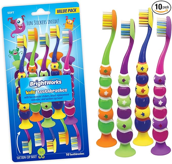 BrightWorks Kids’ Suction Cup Toothbrushes (10-Pack), Soft Bristles, with Bonus Fun Monster Stickers. Children’s Size, Vibrant, Multiple Colors.
