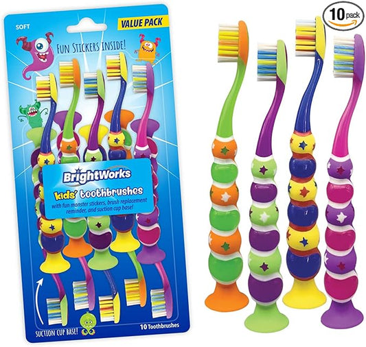 BrightWorks Kids’ Suction Cup Toothbrushes (10-Pack), Soft Bristles, with Bonus Fun Monster Stickers. Children’s Size, Vibrant, Multiple Colors.