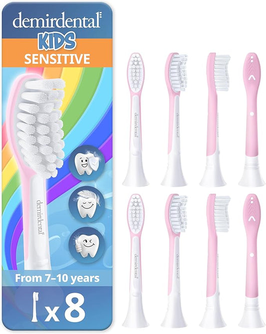 demirdental Kids Toothbrush Heads Compatible with Philips Sonicare Kids Toothbrush Heads - Replacement Heads Sensitive - Brush Heads from Ages 7 to 10 - Pink - Replaces HX6048-8 Pack