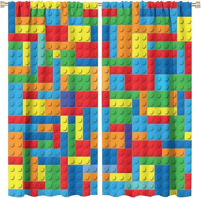Colorful Building Block Toy Printed Curtains, Building Blocks, Curtains, Fun Brick 3D Design, Kids, Teens, Girls, Boys, Living Room, Bedroom, Window Treatment Panels, 2 Panels 63x63in