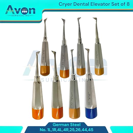 Root and Tooth Extraction Dental Cryer Elevator Pick, Sharp Angled Tip, Color-Coded Handle Ends | Autoclave-Safe German Stainless Steel Dental Instruments (8, #1L+#1R+#4L+#4R+#25+#26+#44+#45 - Set)