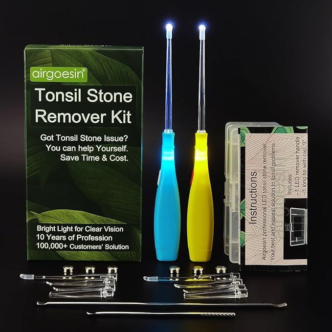 Airgoesin™ Upgraded Tonsil Stone Remover Tool, Blue & Yellow, 5 Tips, Tonsillolith Pick Case + 1 Irrigator Fresh Breath Oral Rinse