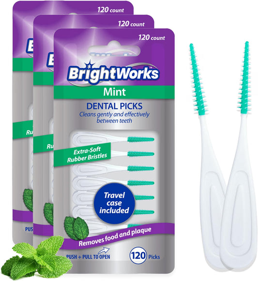BrightWorks Mint Dental Picks, Extra-Soft Rubber Bristles with Flexible Tip & Travel Cases, 360 Count (3 Packs of 120)