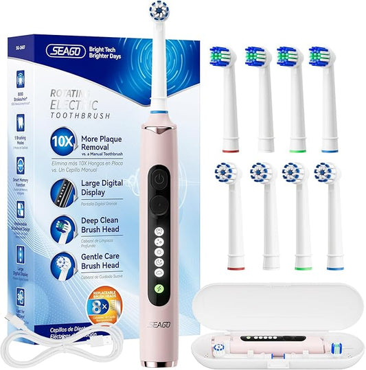 SEAGO Soft Round Electric Toothbrushes with 8 Spin Brush Heads, 5 Cleaning Modes, Rechargeable Sonic Toothbrush with Timer and Travel Case for Adults and Kids(SG-2607-Pink