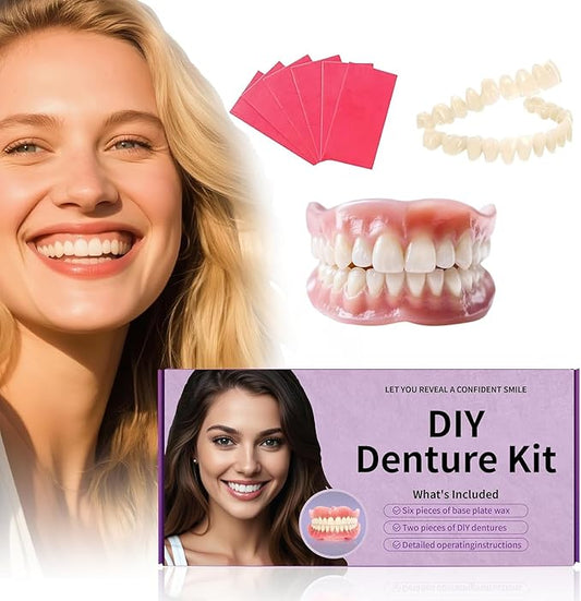 DIY denture kit with a smiling woman and dentures on a white background