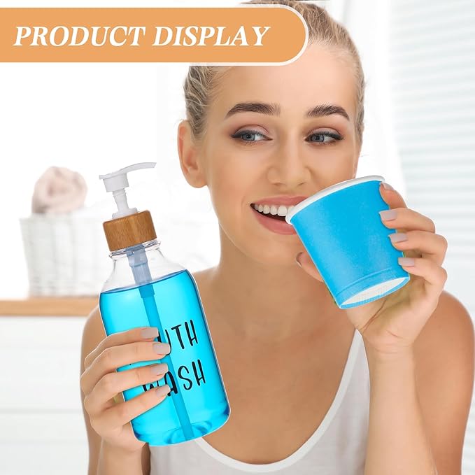 1 Set Mouthwash Dispenser for Bathroom 17 Oz Refillable Mouth Wash Pump Bottle Paper Cup Holder with Bamboo Lid and Tray Clear Mouthwash Container for Bathroom Vanity Kitchen Sink