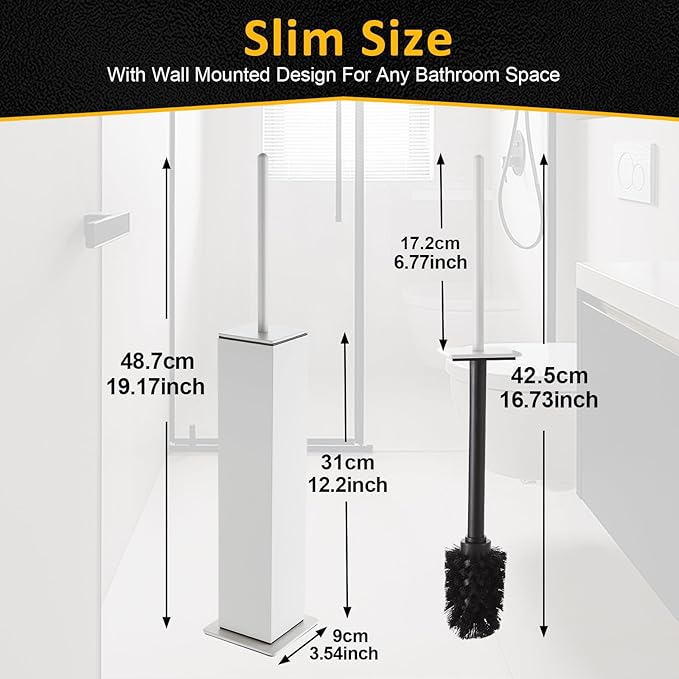 Toilet Brush and Holder Floor Standing, White with 2 Replaceable Heads, Bathroom Toilet Brush, Freestanding Toilet Bowl Brush with Removable Liner and Splash Guard, Modern Square Design