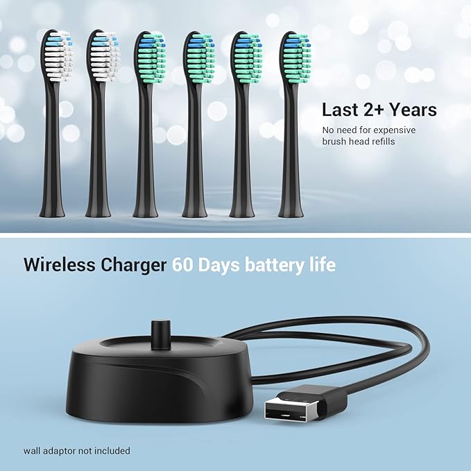 BAOVERI Sonic Electric Toothbrush for Adults and Kids - Wireless Rechargeable Toothbrush, 6 Brush Heads - 5 Brushing Modes with 3 Intensities - 42000 VPM Motor - Charge Lasts Up to 60 Days