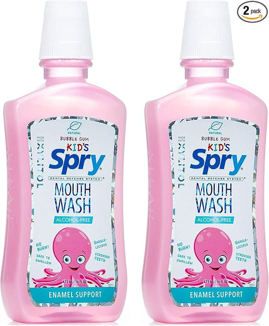 Spry Natural Xylitol Mouthwash Fluoride Free with Enamel Support, Alcohol-Free, Gentle, Non-GMO, Bubble Gum - 16 fl oz (Pack of 2)