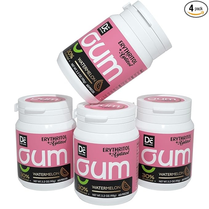 DC24 DAILY CARE Xylitol Chewing Gum with Erythritol, Aspartame Free & Sugar Free Gum for Dry Mouth, Low-Calorie, Sugarless, Watermelon, 60-Piece Pack, 4 Packs