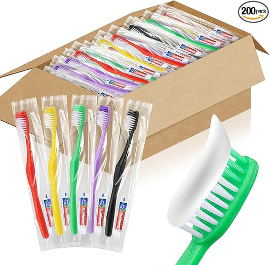 HAIFOTRVA 200pcs Disposable Toothbrushes with Toothpaste,Single Use Toothbrush with Toothpaste Individually Wrapped Disposable Travel Toothbrushes Kit Bulk for Homeless,Hotel,Guests(5 Colors)