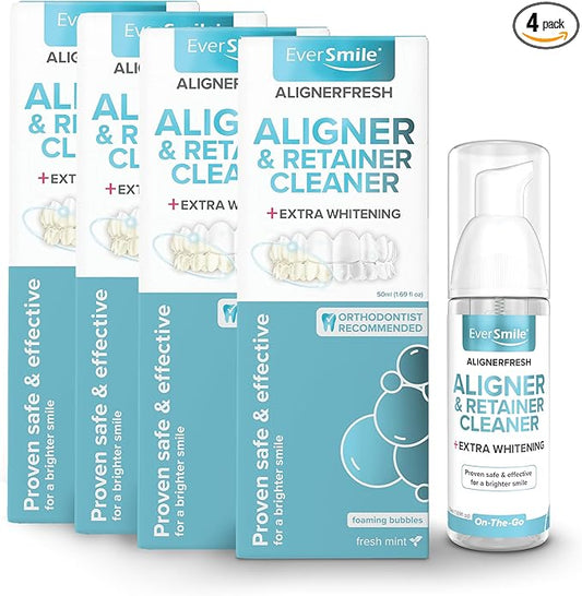 EverSmile AlignerFresh Extra Whitening Foam – Cleaner Compatible w/Invisalign and All Clear Aligners and Retainers – Eliminates Bacteria, Whitens Teeth, Fights Bad Breath – 50ml (4 Pack)