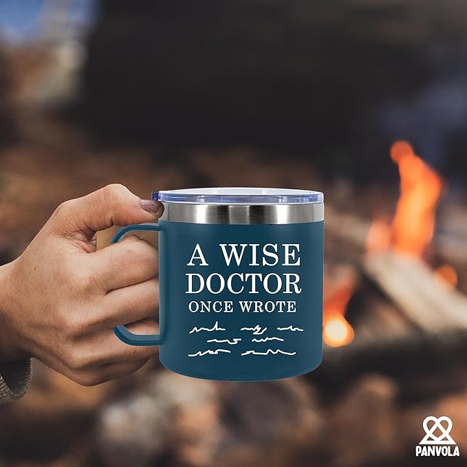 A Wise Doctor Once Wrote Insulated Coffee Cup 14oz With Handle And Lid Doctor Gifts Physician Medical Student MD Dr Husband Wife Dad Mom Stainless Steel Vacuum Insulated Camping Travel Mug (Blue)