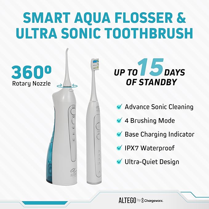 ChargeWorx Altego Ultra-Sonic Combo Set, Portable Electric Toothbrush and Water Flosser, Cordless Oral Irrigator and Rechargeable Dental Kit with Extra Tips