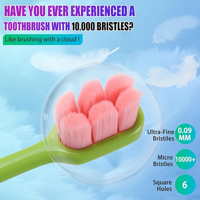 6 Pack Extra Soft Toothbrushes for Adults - 10,000 Ultra Soft Bristles for Sensitive Teeth & Receding Gums | Dentist Recommended Gentle Cleaning | BPA-Free | Dopamine Colors