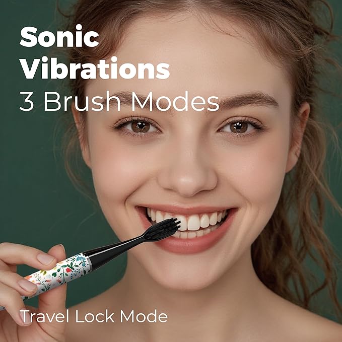MIPOW Brush GO SlimPro i4 Electric Toothbrush Rechargeable Smart Ultra Sonic 3 Modes, Travel Case & Ceramic Dock, 60Day Battery Soft Bristles 2 Heads IPX7 Waterproof, Color-FloraBloom Edition