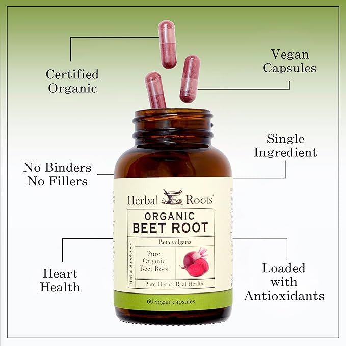 Herbal Roots Organic Beet Root Powder Capsules - 1,500mg per Serving - Certified USDA Organic - Non-GMO - 60 Count Vegan Capsules