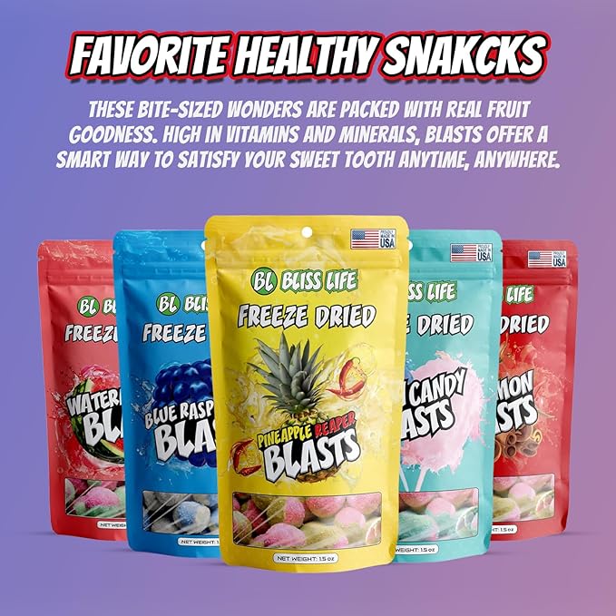 Bliss Life Blue Raspberry Blast Freeze Dried Berry Fruit Candy from TikTok, ASMR Crunchy Candy, Spicy Sweet and Sour Kids Snacks, Unique Novelty Snack for Kids 1.5oz