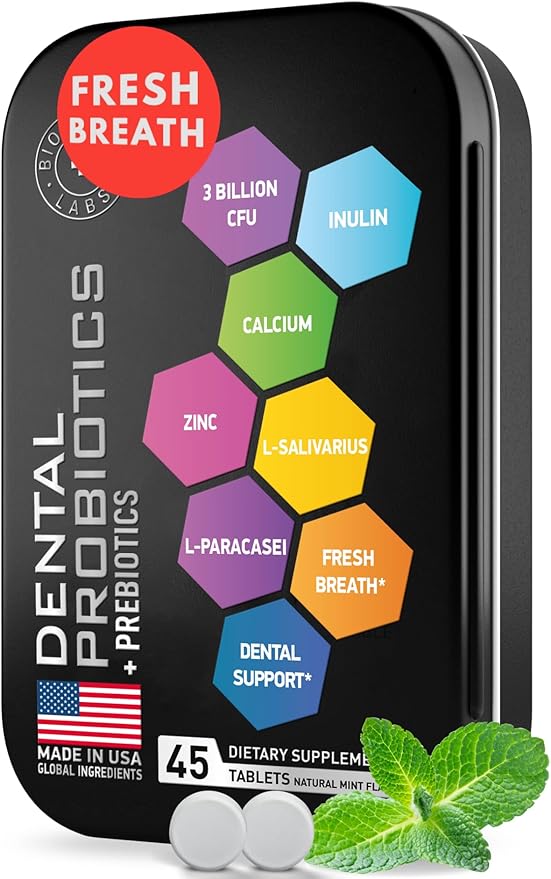 Dental Probiotics for Teeth and Gums - Best Oral Probiotic for Teeth, Gums and Bad Breath - Lactobacillus Salivarius Probiotic and Prebiotic Blend - 45 Natural Mint Tablets in a Tin