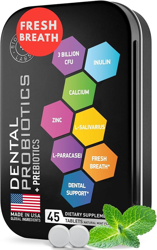 Dental Probiotics for Teeth and Gums - Best Oral Probiotic for Teeth, Gums and Bad Breath - Lactobacillus Salivarius Probiotic and Prebiotic Blend - 45 Natural Mint Tablets in a Tin