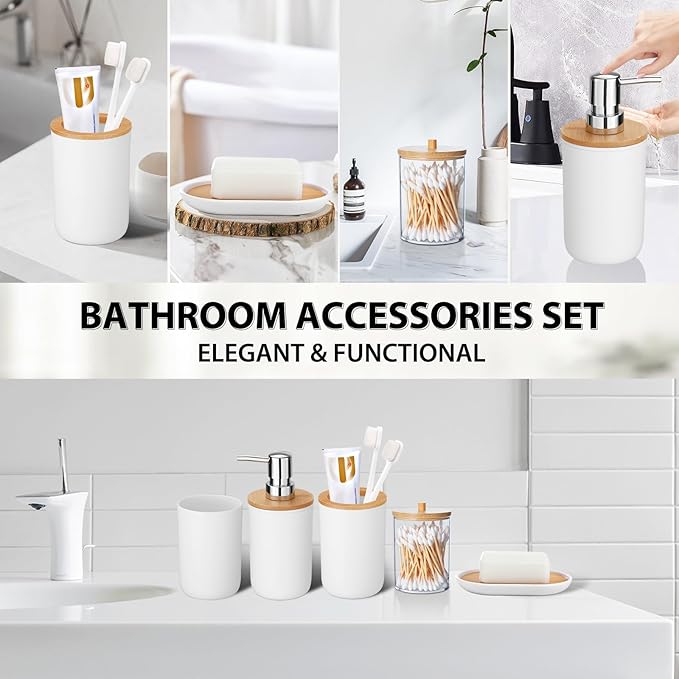 iMucci Bathroom Accessories Set 5Piece White Bathroom Sets, Toothbrush Holder, Toothbrush Cup, Lotion Soap Dispenser, Soap Dish and Qtip Holder Bathroom Decor