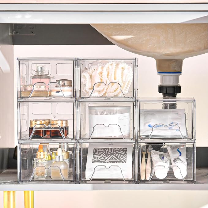 Plastic Drawers Storage, 8 Pack Clear Stackable Storage Drawers, Acrylic Storage Bins with Drawers for Fridge Organizers, Small PlasticDrawers Stackable for Makeup Organizers Cosmetic Display