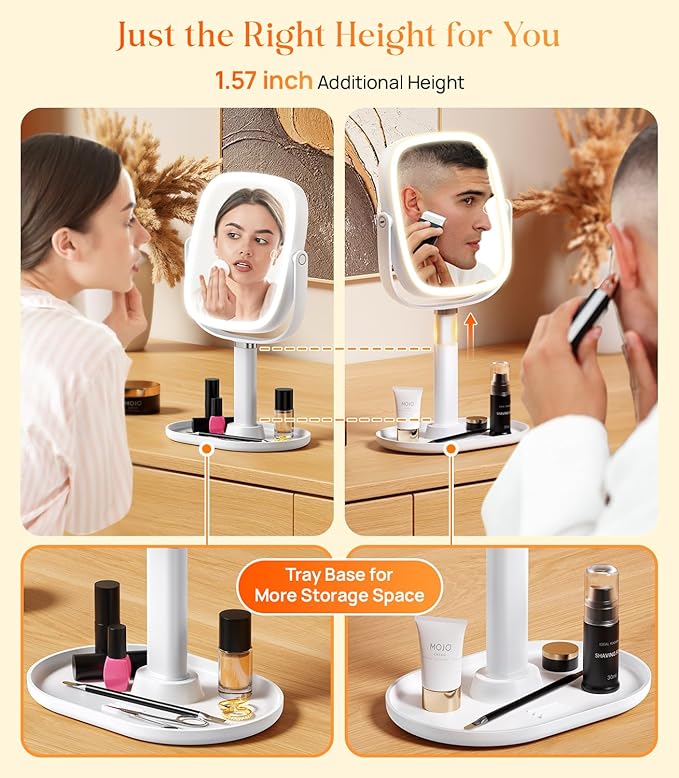 Gospire Lighted Makeup Mirror with Lights and Magnification 1X/10X, Tray Base and Height Adjustable for Desk, 4000mAh Rechargeable Battery, 3 Color Lights＆Memory Function for Bedroom - White