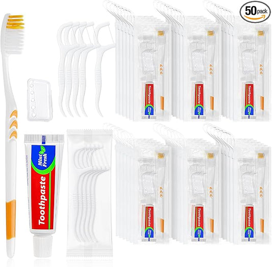 HOIQIRY Disposable Toothbrushes with Toothpaste Set - Pack of 50,Individually Wrapped Personal Hygiene Kits in Bulk 5-in-1 Travel Size Convenience Kits for Hotel,Camping,Guest,Homeless,Charity,Church