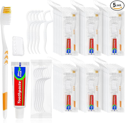 HOIQIRY Disposable Toothbrushes with Toothpaste Set - Pack of 5,Individually Wrapped Personal Hygiene Kits in Bulk 5-in-1 Travel Size Convenience Kits for Hotel,Camping,Guest,Homeless,Charity,Church