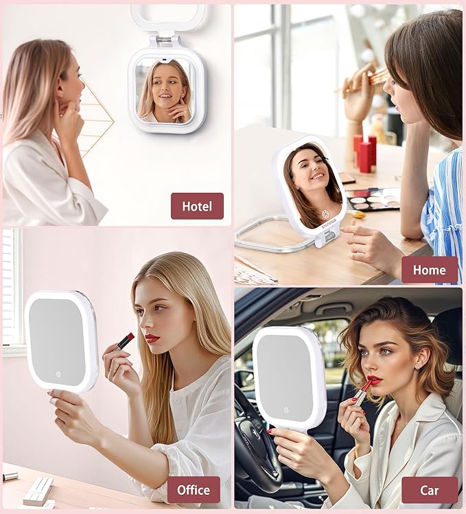 Shinowa Rechargeable Travel Makeup Mirror with 72 LED Lights, 1X/10X Magnifying Vanity Mirror with 3 Color Light, Folding Stand, 7 Inch Portable Dimmable Double Sided Compact Lighted Mirror, White
