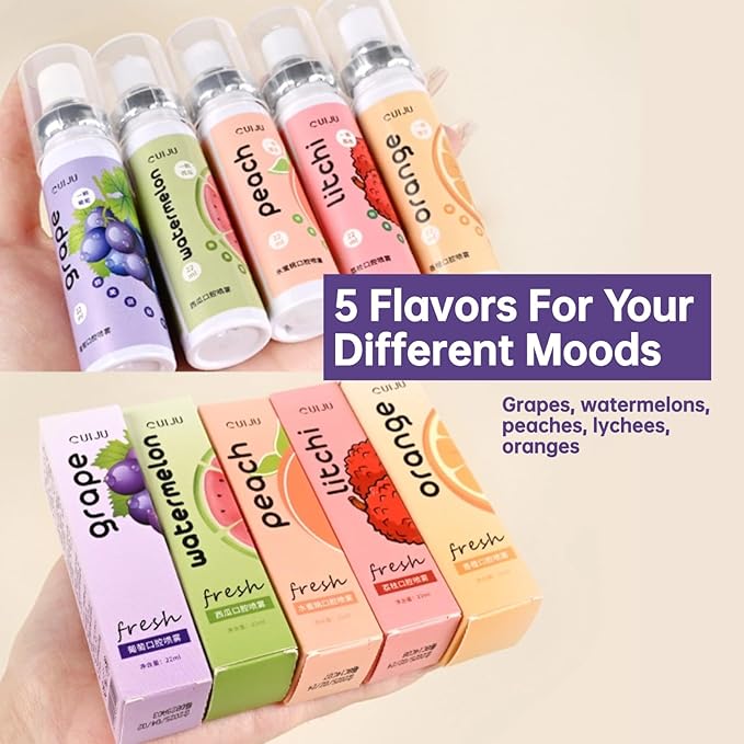 5PCS Fruit Oral Breath Spray, Mouth Breath Freshener, Natural Fresh Breath Freshener Spray, Portable Mint Dry Mouth Spray Effective Refreshing Bad Breath Treatment Oral Odor Care Mist Sprays for Adult