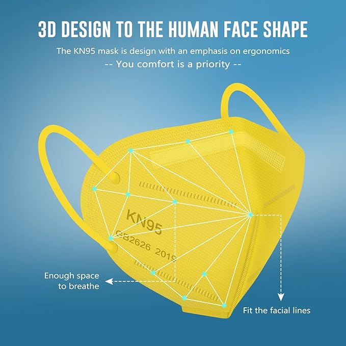 WWDOLL KN95 Face Mask 50 Pack, 5-Layers Breathable KN95 Masks, Yellow