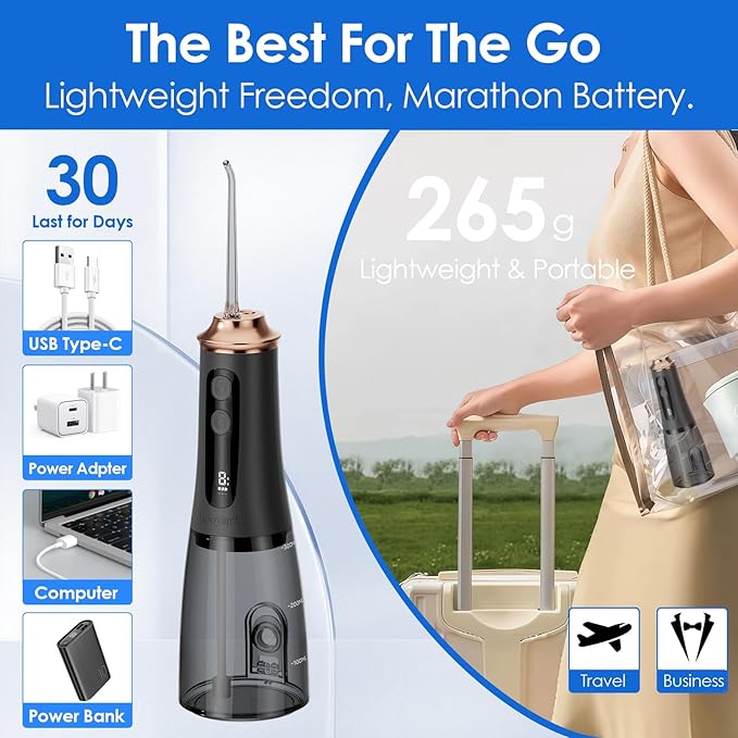 300ml Large Capacity Home Oral Irrigator 9 Modes Water Flosser with Adjustable Pressure for Gum Care/Breath Remover/Dentures (Black&Gold)