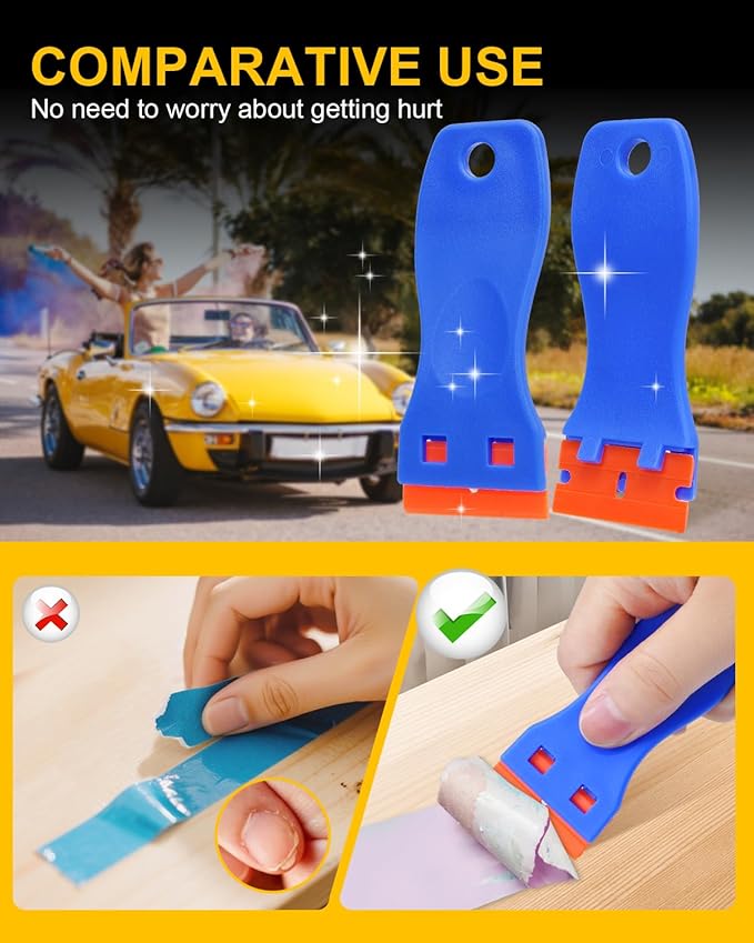 32Pcs Plastic Razor Blades Scraper Tool, Adhesive Remover for Cars Kit for Automotive Car Sticker, with Plastic Scrapers, Razor Blade Scraper, Coral Wipes, Sanding Sponges and Cosmetic Sponges