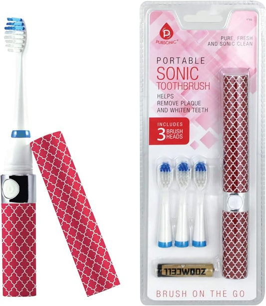 Pursonic Portable Sonic Toothbrush Battery Operated, Battery Included, 3 Brush Heads Included, 22,000 Strokes Per Minute, Brush On The Go (Pink)