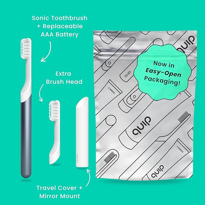 Quip Metal Sonic Electric Toothbrush for Adults - Time Travel & Soft Bristles with Travel Case & Replacement Brush Head - 3 Month Battery Life - Twilight Faded Blue