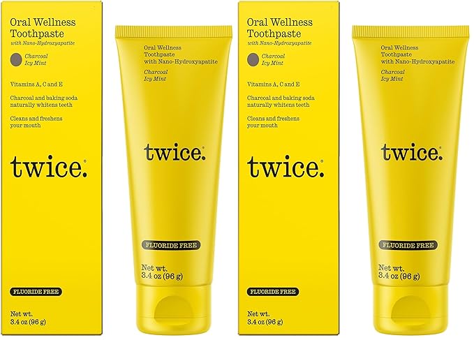 Twice Twice Oral Wellness Toothpaste - Nano-Hydroxyapatite, Fluoride-Free Toothpaste, Helps Remineralize Teeth, Freshens Breath & Whitens Teeth – SLS-Free, Charcoal ICY Mint – 3.4 oz (Pack of 2)