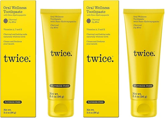 Twice Twice Oral Wellness Toothpaste - Nano-Hydroxyapatite, Fluoride-Free Toothpaste, Helps Remineralize Teeth, Freshens Breath & Whitens Teeth – SLS-Free, Charcoal ICY Mint – 3.4 oz (Pack of 2)