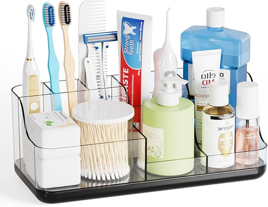 Yieach Mens Bathroom Organizer and Storage,Black Bathroom Sink Caddy Countertop,Large 7 Slot Vanity Bathroom Toiletry Organizers and Toothbrush Holders for Toothpaste,Electric Tooth Brush Organizer