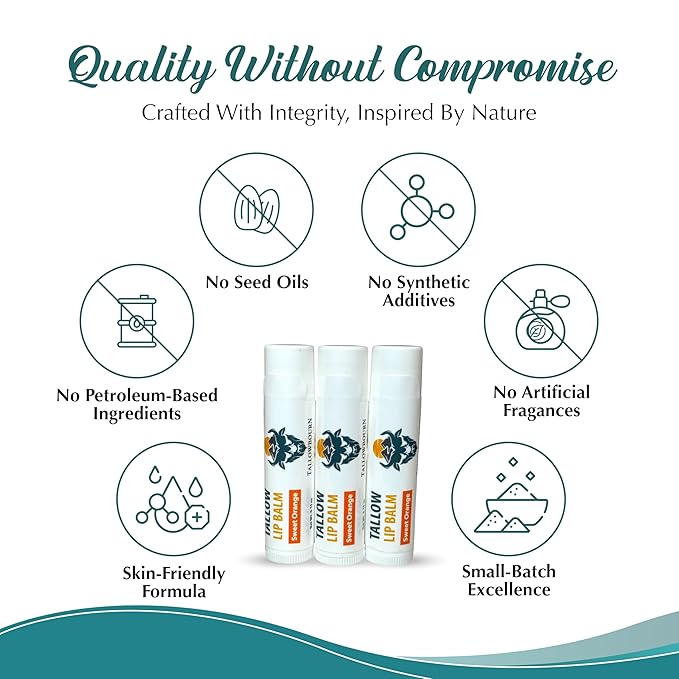 Moisturizing Tallow Lip Balm – Grass-Fed Beef Tallow with Organic Coconut Oil, Beeswax, and Vitamin E – Sweet Orange – Lip Balm Set – Travel Essential – 3-Pack