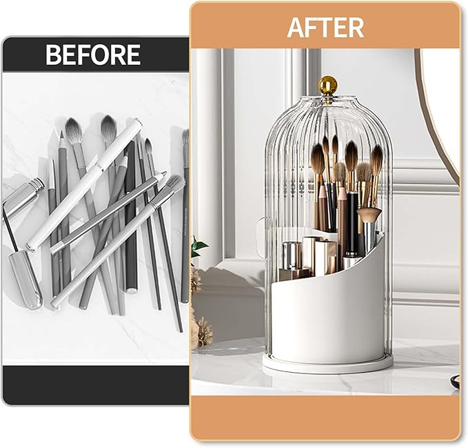 Sliding Lid Toothbrush Organizer, Toothbrush Holders with Sliding Lid, 360° Rotating Dustproof Concealed Toothbrush Holder, 3-Slot Varying Heights, Ideal for Bathroom, Makeup & Travel (White)