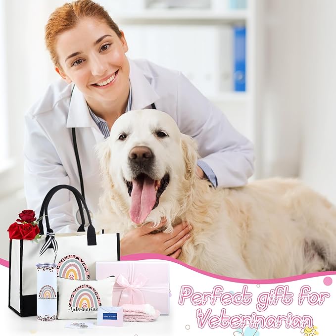 Geiserailie 8 Pcs Vet Tech Gifts for Women Including Large Veterinarian Tote Bag Cosmetic Bags Tumbler Cup Plush Socks Metal Keychain Card and Envelope for Veterinary Graduate Thank You Gift