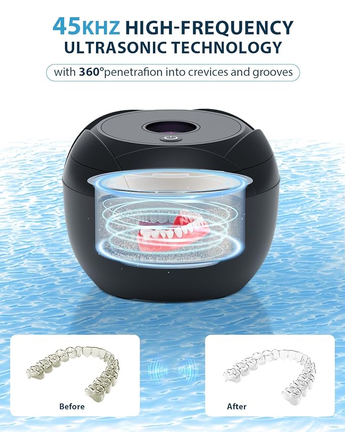 Ultrasonic Retainer Cleaner-45kHz Retainer Cleaner Machine,4 Modes Ultrasonic Cleaner for Dentures, Aligners,Mouth Guards, Braces,Toothbrush,Jewelry-200ML Dental Pod(Black)