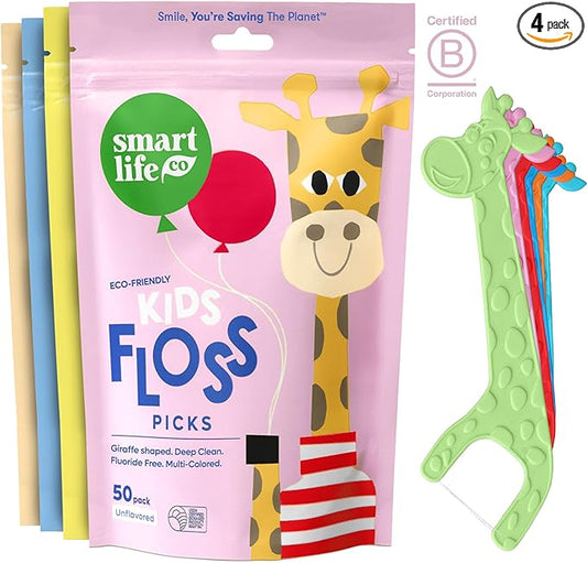 SmartLifeco Eco-Friendly Kids Flossers (200ct) - Dental Floss Picks for Children Made with Straw Wheat, Fluoride & PFA Free, Toothpick Flossing Sticks for Toddler Teeth, No Shred Thread, Unflavored