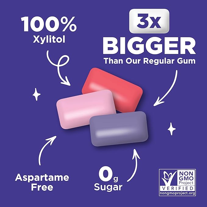 PUR Jumbo Gum | Aspartame Free Chewing Gum | 100% Xylitol | Natural Bubblegum, Grape, Watermelon Flavor, 20 Pieces (Pack of 3)