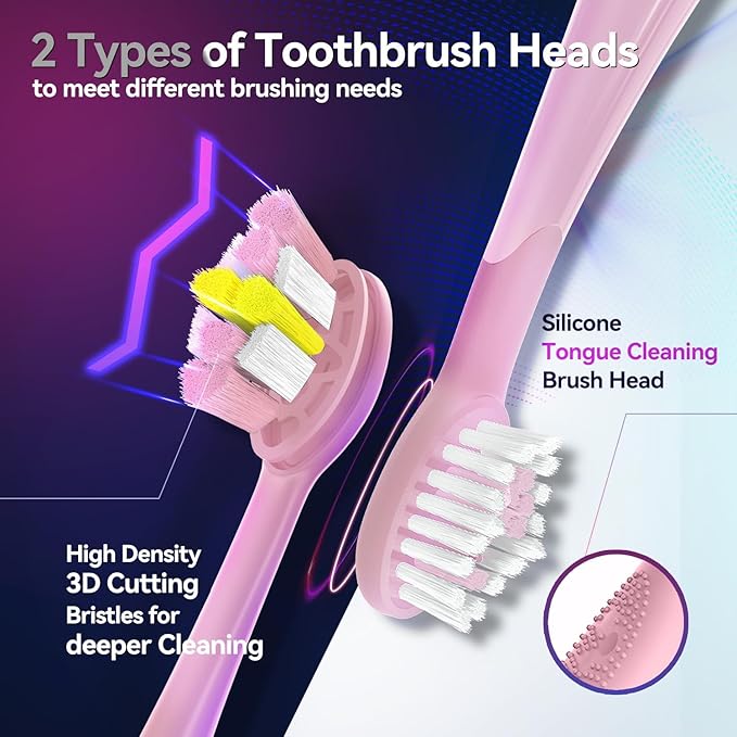 SEAGO Electric Toothbrush with 8 Soft Bristle Heads for Adults，Pressure Sensor, 5 Modes with 2 Minutes Build in Smart Timer,Rechargeable Travel Toothbrush with Brush Hold and Travel Case(2752Pink)