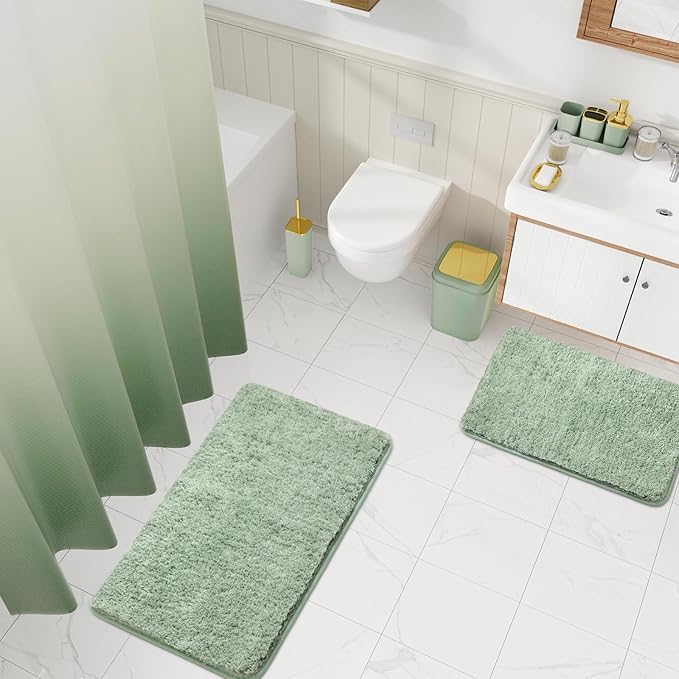 Sage Green Bathroom Set - 24PC Bathroom Sets with Shower Curtain and Rugs, Sage Green Bathroom Accessories Set with Press-on Lid Bathroom Trash Can, Soap Dispenser