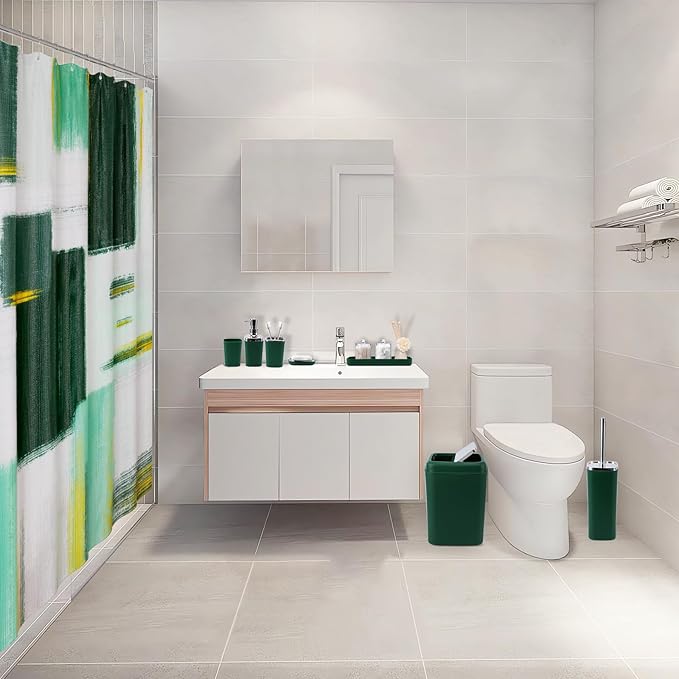 Dark Green Bathroom Accessories Set, Bathroom Sets with Shower Curtain, Green Bathroom Accessories with Trash Can, Soap Dispenser, Soap Dish, Toilet Brush Holder, Qtip Holders for Bathroom